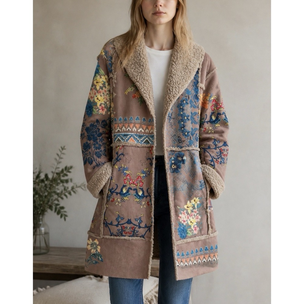 Johnny Was Steppa Sherpa Patchwork Coat XL Boho Faux Suede Floral Jacket, $598